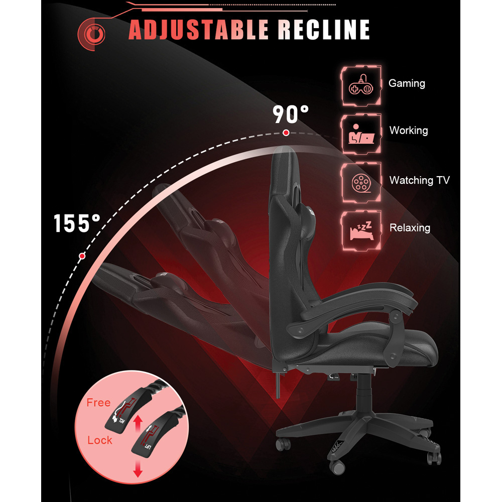 Rattrix Black Height Adjustable Lumbar Backrest Gaming Chair with Headrest and LED Light Image 4