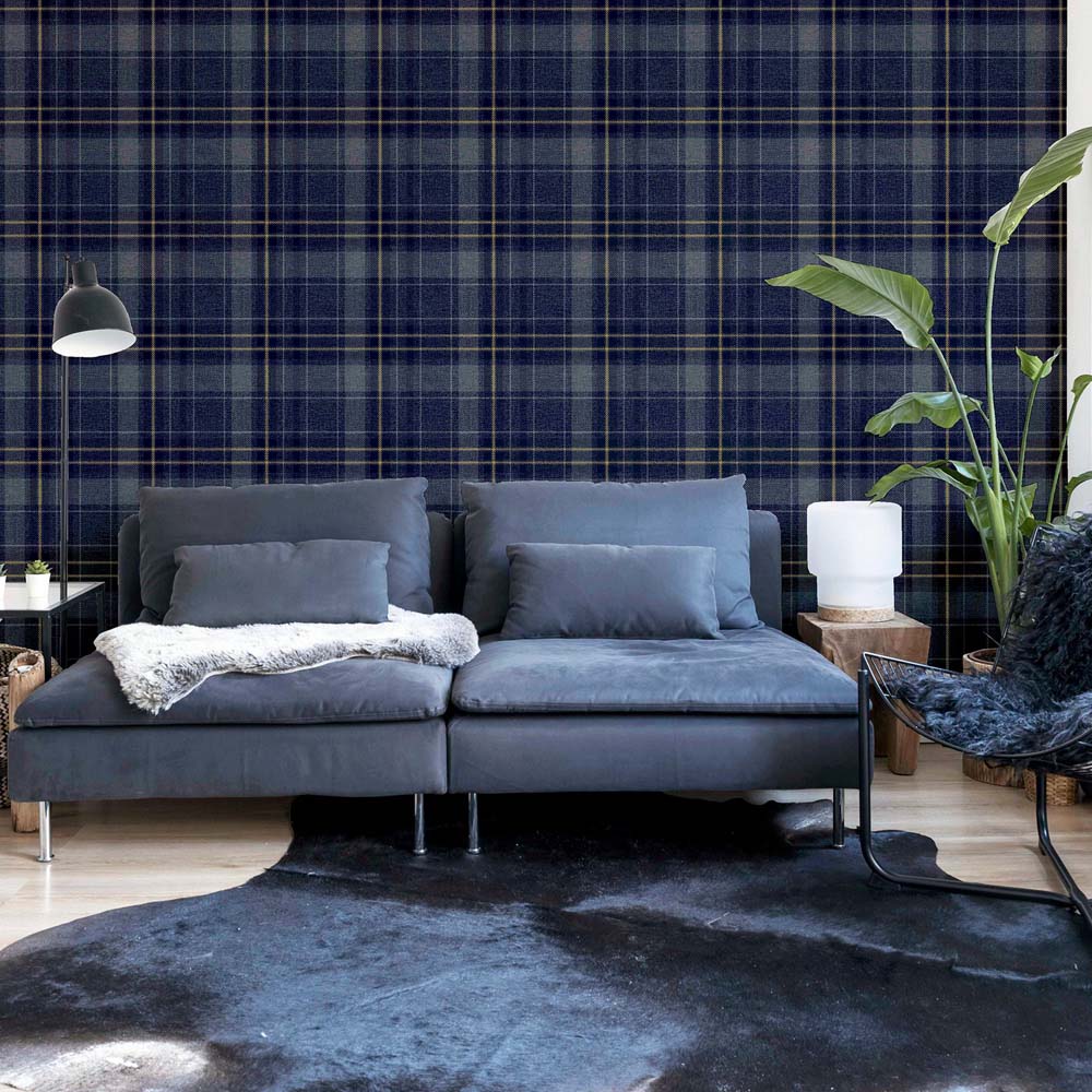 Arthouse Twilled Plaid Navy and Gold Wallpaper Image 3