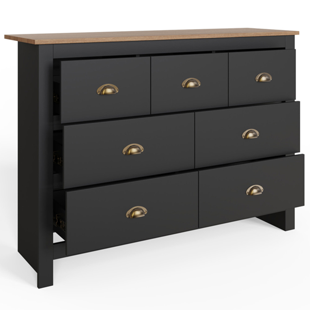 GFW Lancaster 7 Drawer Black Merchants Chest of Drawers with Oak Effect Top Image 4