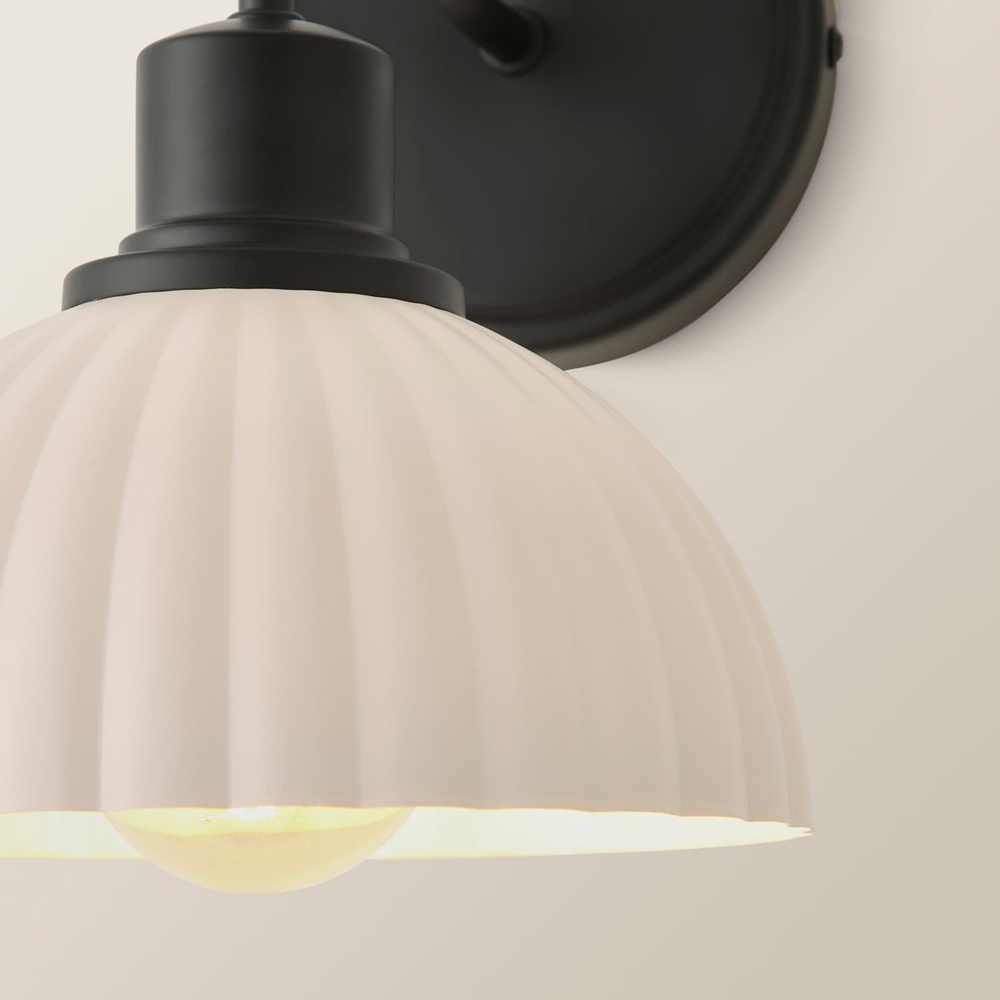 ValueLights Bourton Cream Ribbed Dome Shade Matte Black Wall Light with Bulb Image 4