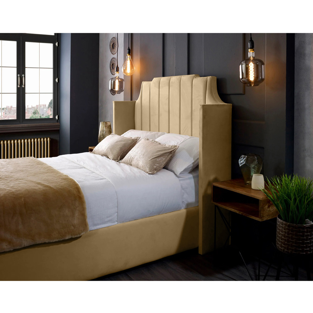 Eleganza Home Nelly Double Beige Plush Velvet Bed Frame with Winged Headboard Image 2