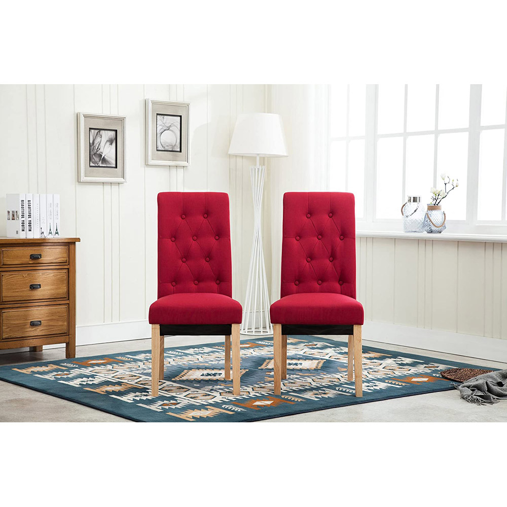 Red Set of 2 Tufted High Back Fabric Dining Chair Image 2