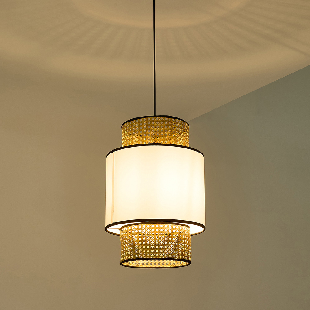 Living and Home White Fabric Shade Rattan Woven Pendant Light Image 2