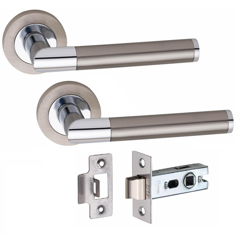Golden Grace Mitred Satin Nickel Polished Chrome Door Handle Pair with Tubular Latch 52mm 6 Pack Image 3