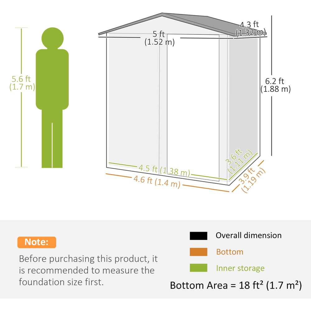 Outsunny 4.6 x 3.9ft Grey Sloped Roof Metal Storage Shed with Sliding Door Image 9