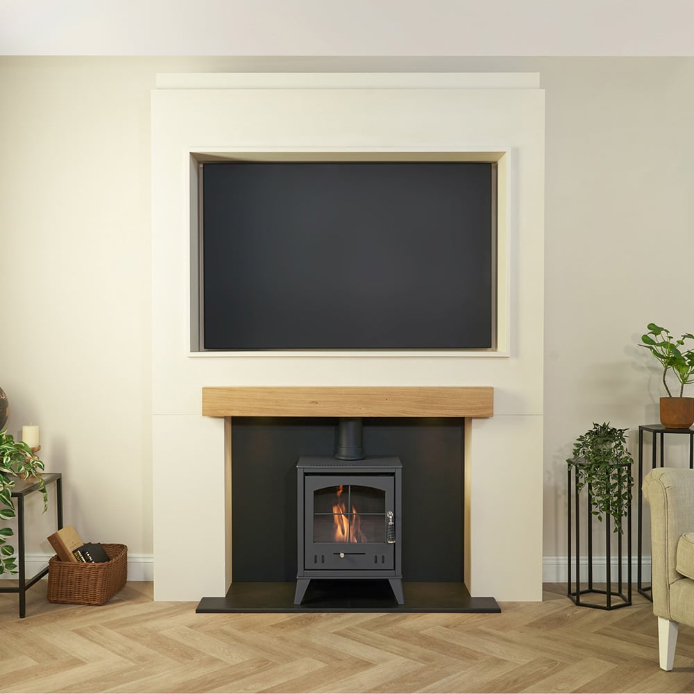 Acantha Charcoal Grey Pre-Built Stove Media Wall 2 with TV Recess and OKO S2 Bio Ethanol Stove Image 2