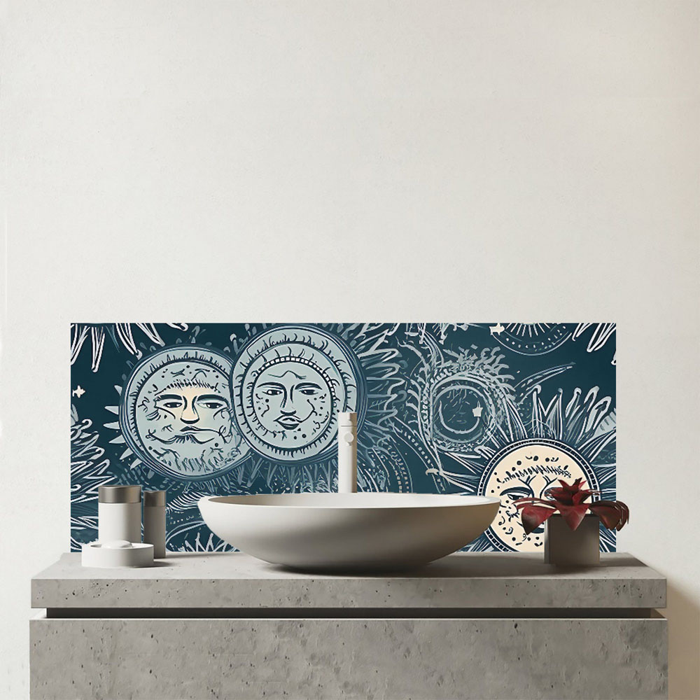 Warren Reed Designer Silver Blue Moon and Stars Glass Bathroom Splashback 25 x 60cm Image 1