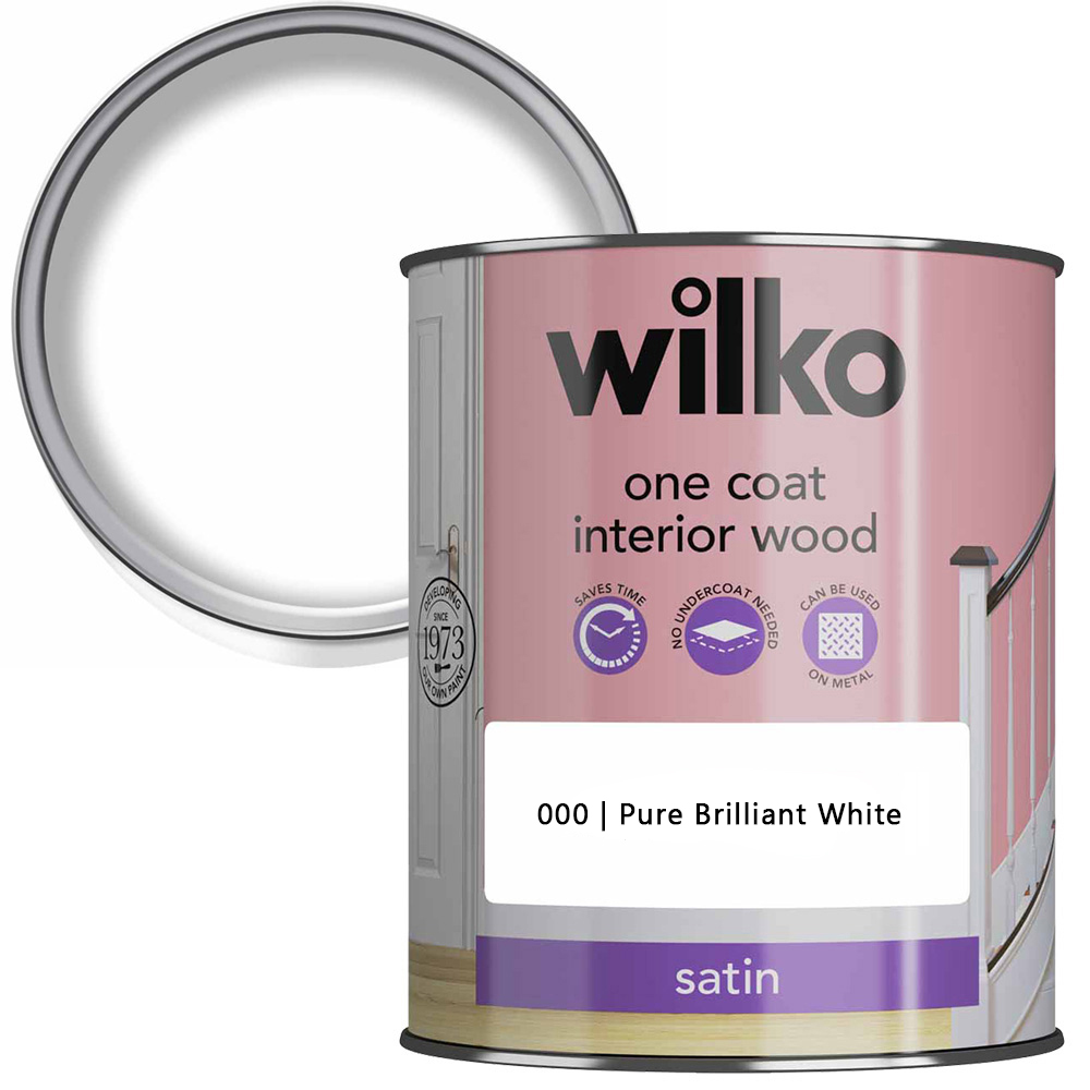 Wilko One Coat Interior Wood Pure Brilliant White Satin Paint 750ml Image 1