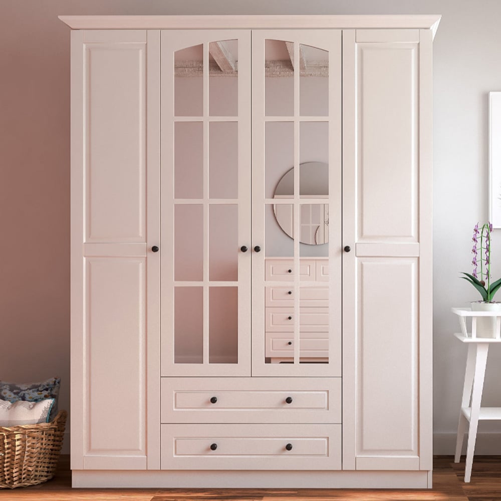 Evu MAISON 4 Door 2 Drawer White Mirror Wardrobe Image 1