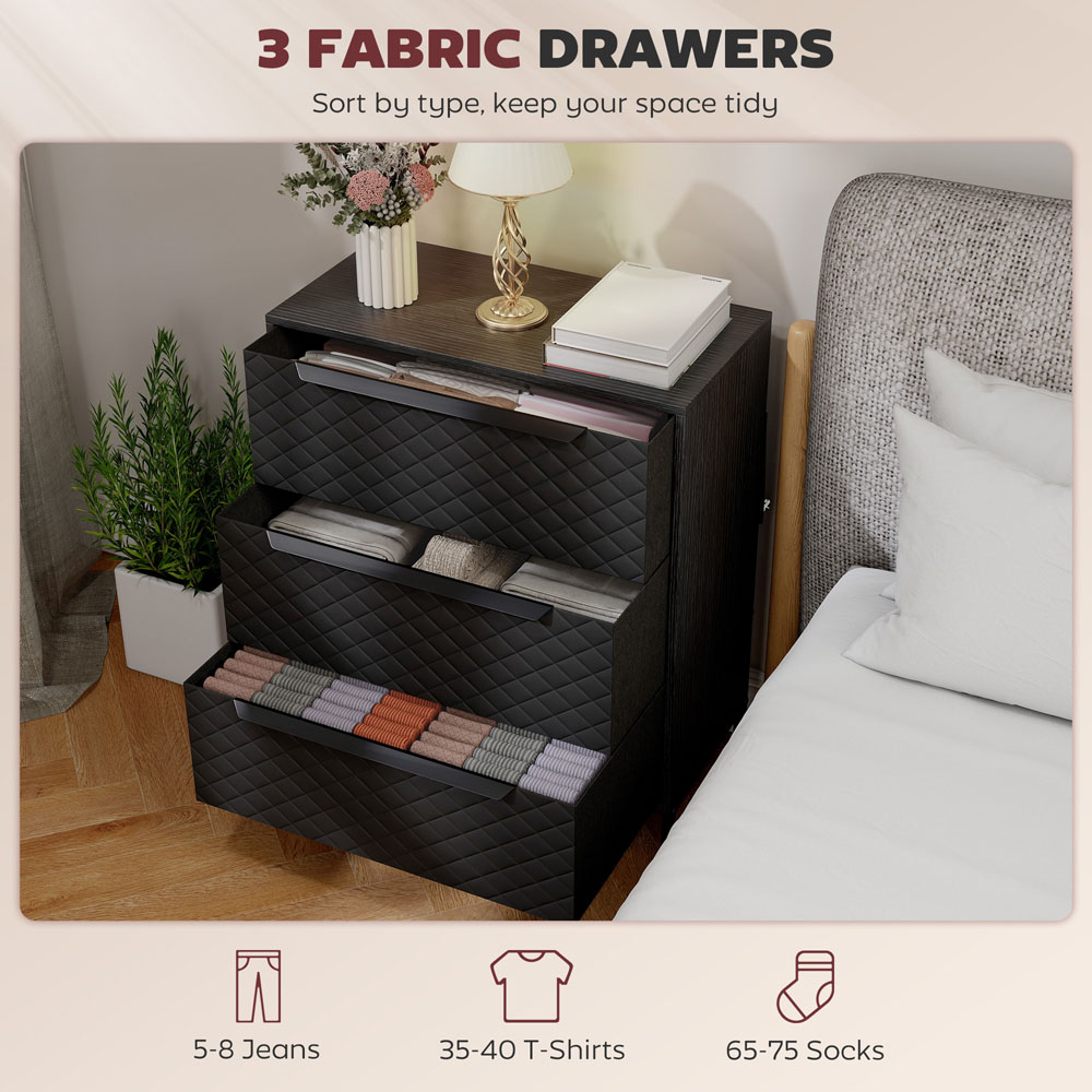 Portland 3 Fabric Drawer Black Chest of Drawers Image 7
