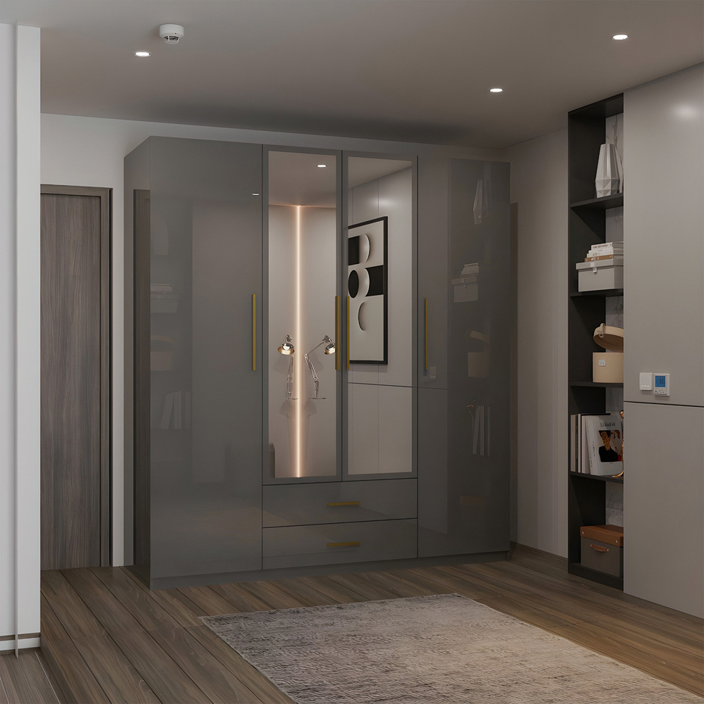 M N Furniture Glossera 4 Door 2 Drawer Grey High Gloss Mirrored Wardrobe 160cm Image 6