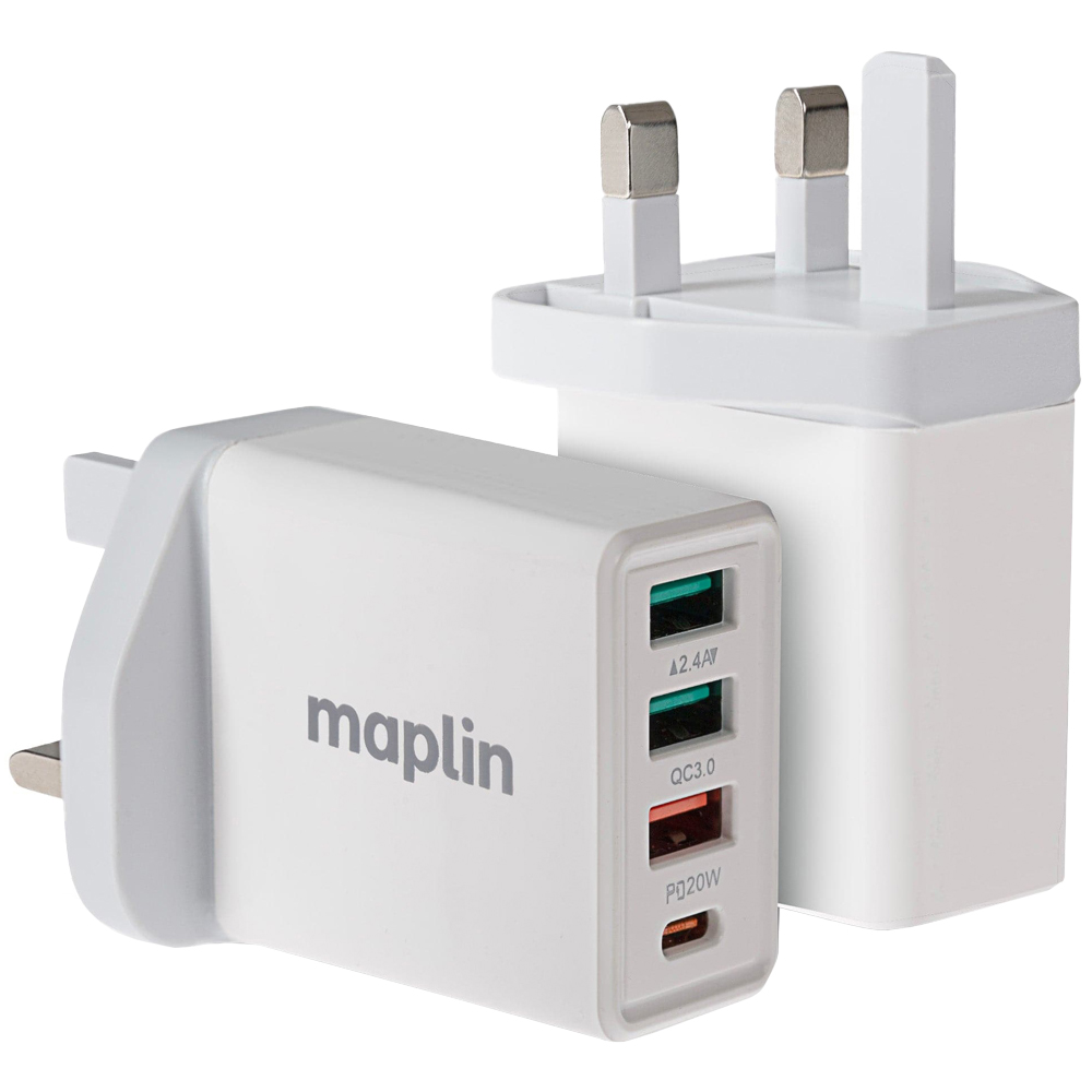 Maplin 4 Port USB Wall Charger 3 USB-A and Sinfle USB-C Ports 20W Image 1