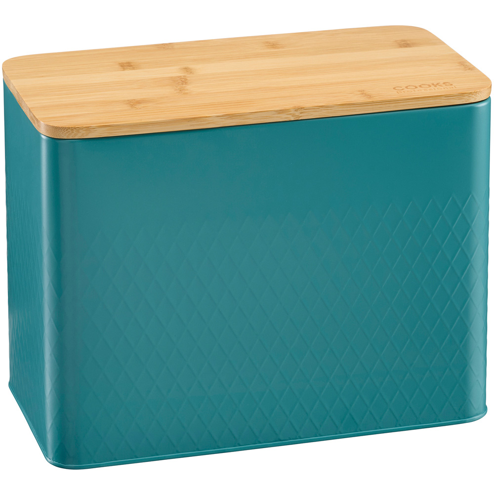Cooks Professional Teal Diamond Pattern Bread Bin with Linen Bag and Bamboo Lid Image 3
