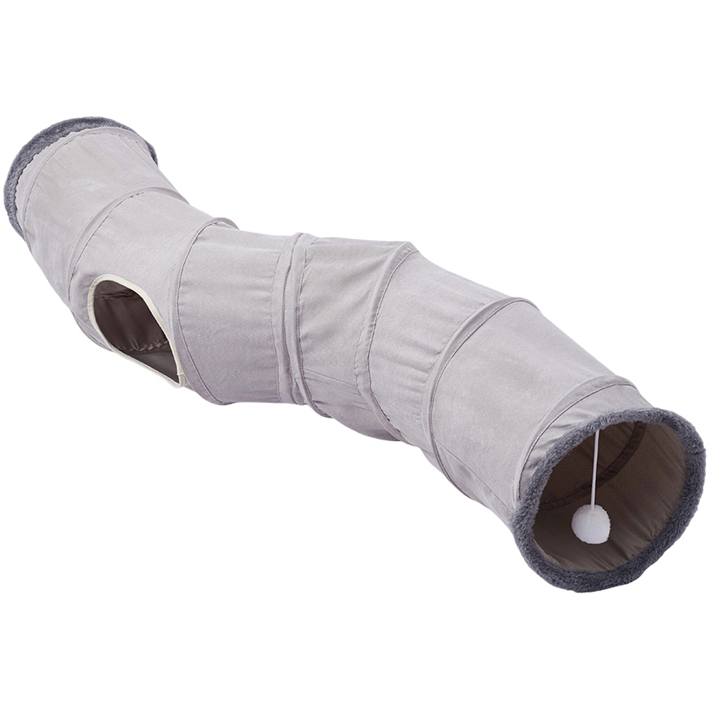 H&O Direct Suede S-Shape Collapsible Cat Play Tunnel with Hanging Ball Image 1