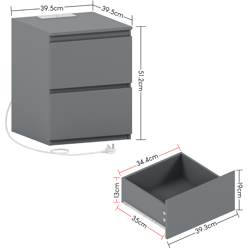 VIDA DESIGNS Denver 2 Drawer Grey Large Bedside Chest with Power Outlet Image 9