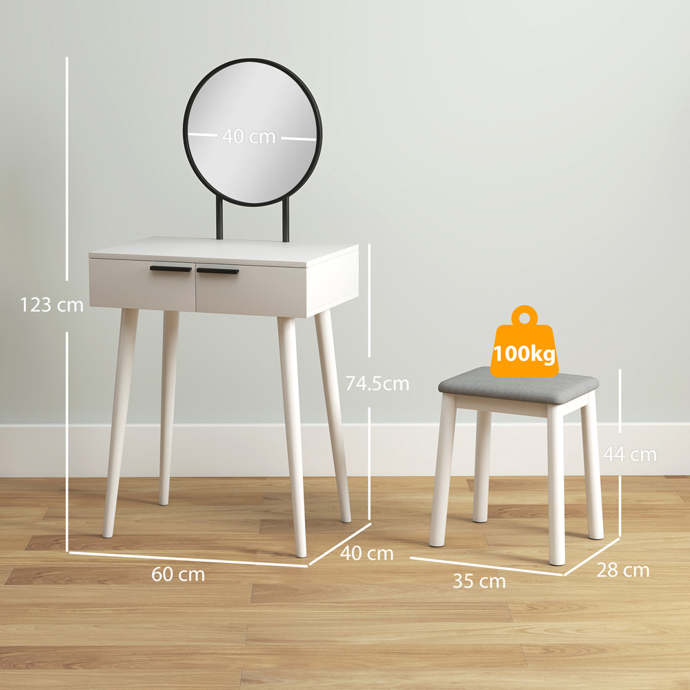 HOMCOM 2 Drawer White Dressing Table Vanity Set with Mirror and Stool Image 9
