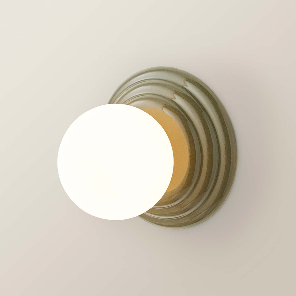 ValueLights Rue Frosted Glass Shade Olive Ribbed Ceramic Base Flush Wall Light with Bulb Image 3