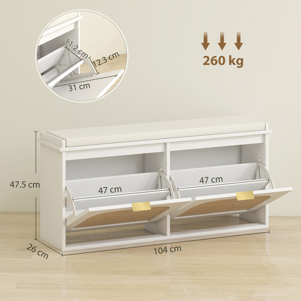 HOMCOM 2 Drawer White Boho Shoe Storage Bench Image 9