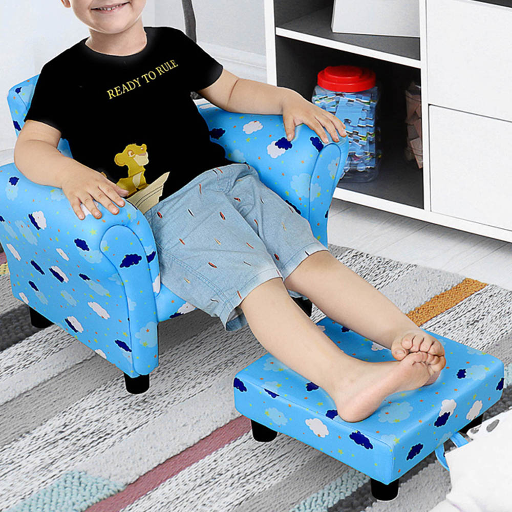 HOMCOM Kids Single Seat Cloud and Star Design Blue Sofa with Footrest Image 3