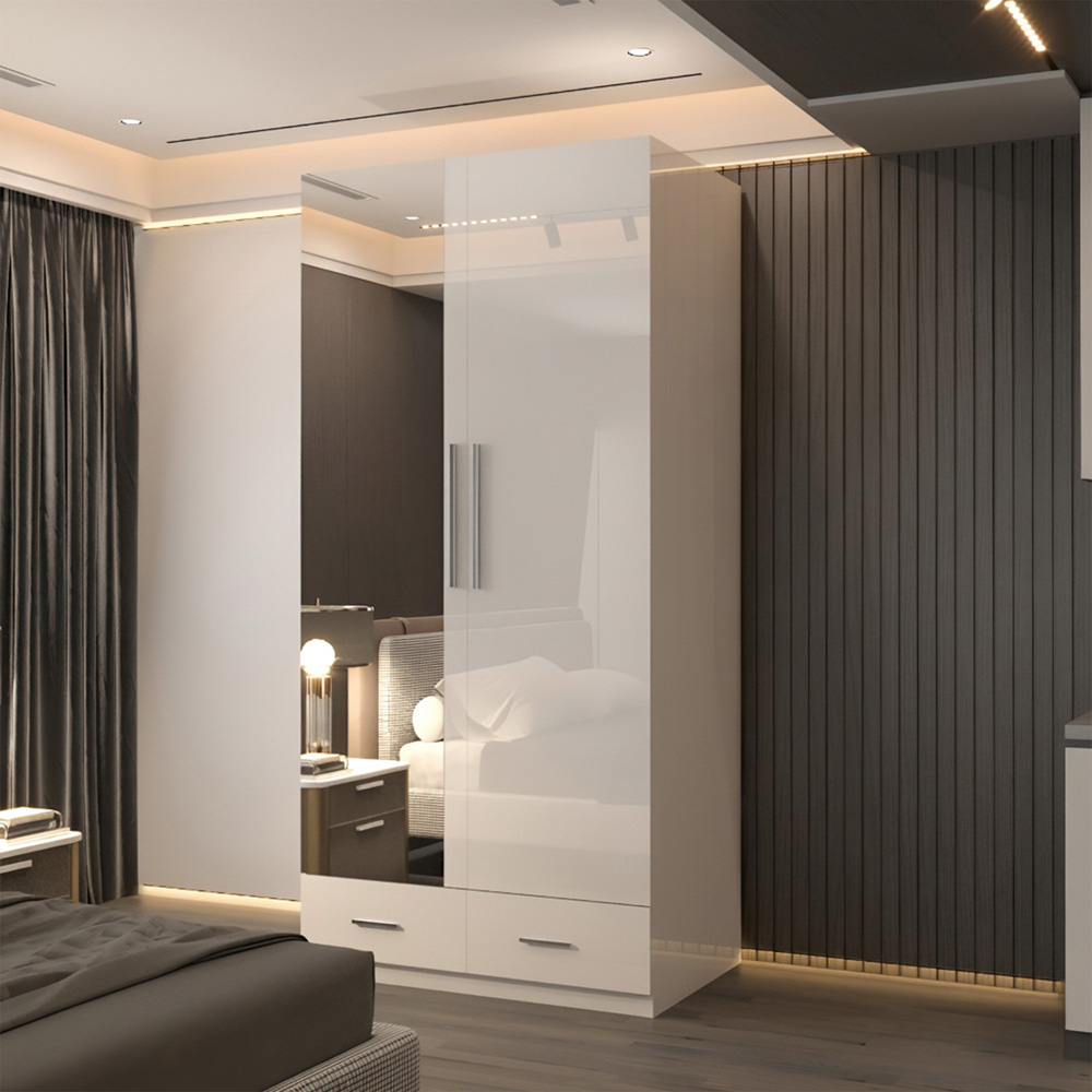 Sliding Wardrobes 4U 2 Door 2 Drawer White High Gloss Hinge Door Wardrobe 90cm Image 5