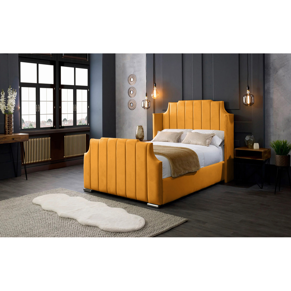 Eleganza Home Nelly Double Mustard Plush Velvet Bed Frame with Winged Headboard Image 4