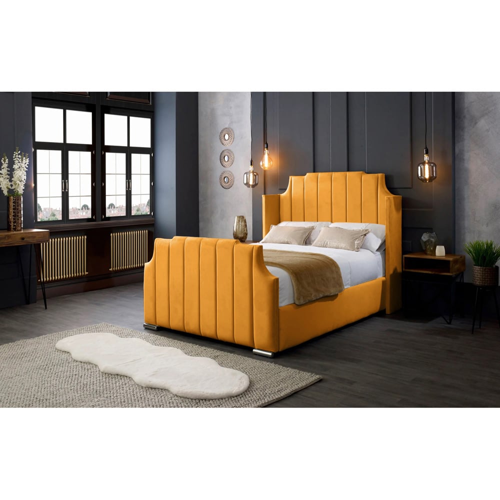 Eleganza Home Nelly King Size Mustard Plush Velvet Bed Frame with Winged Headboard Image 4