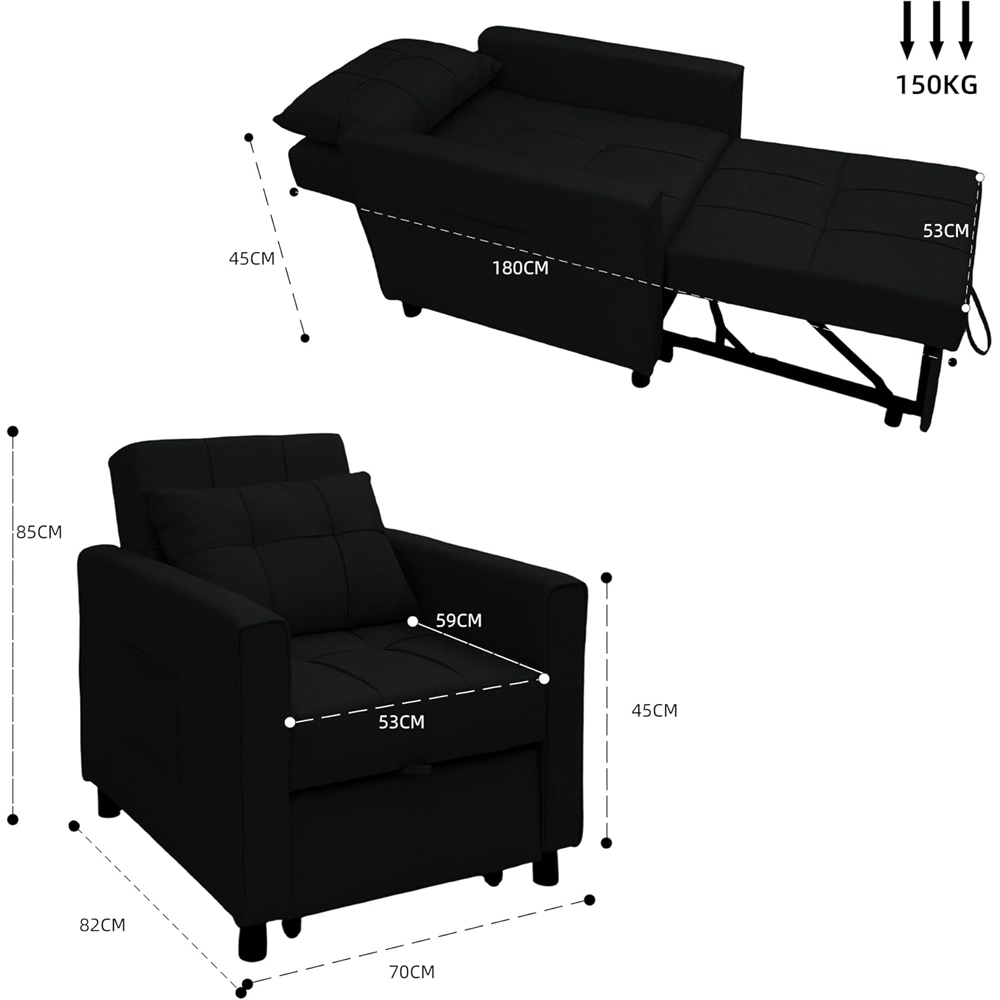 Alivio Singel Seater 3-in-1 Black Convertible Sofa Bed Chair Image 9