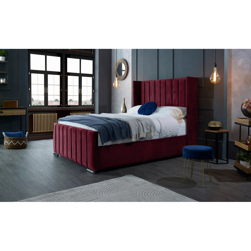 Eleganza Home Meriso King Size Maroon Plush Velvet Bed Frame with Winged Headboard Image 5