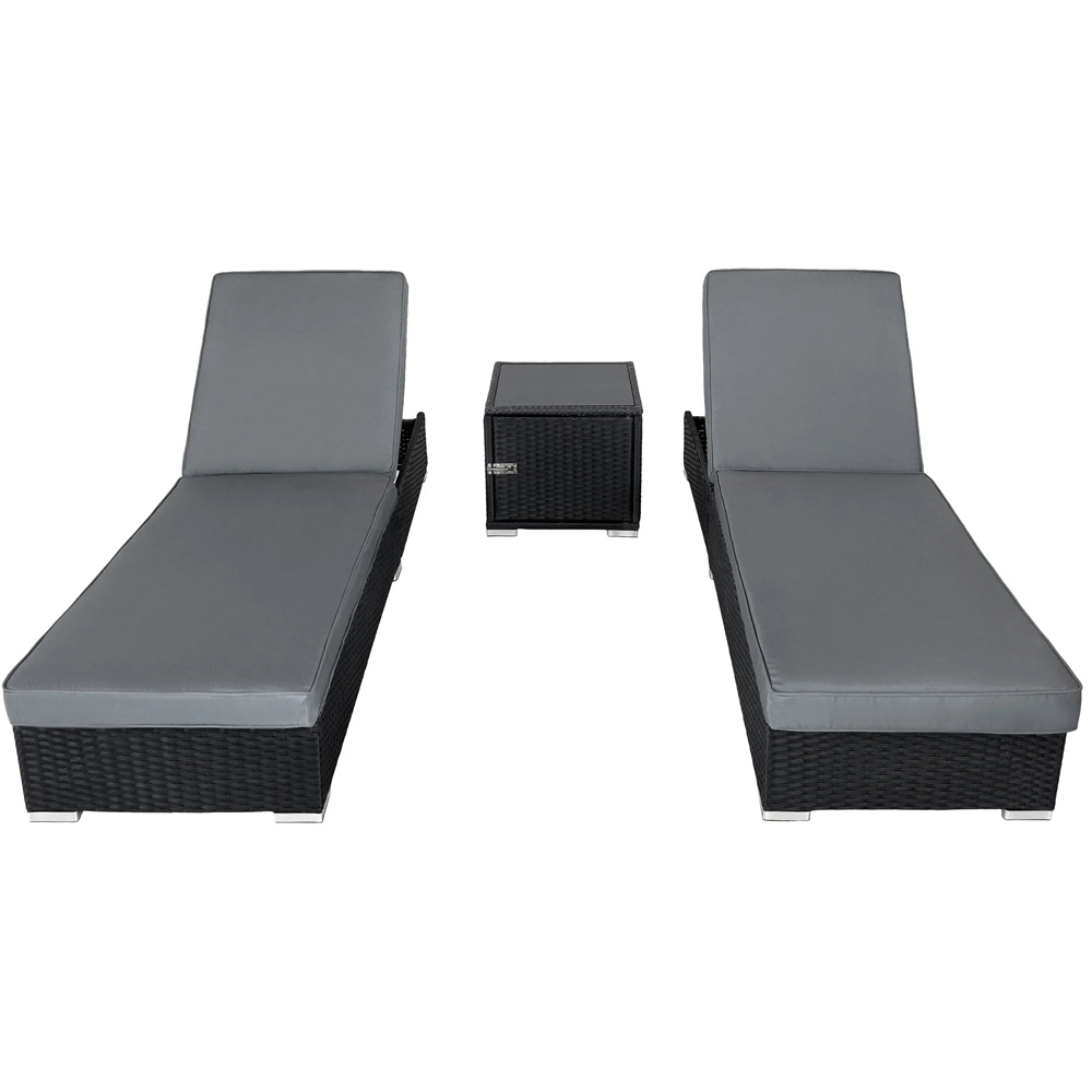 MonsterShop Set of 2 Black and Grey Adjustable Sun Loungers with Cushions and Side Table Image 2