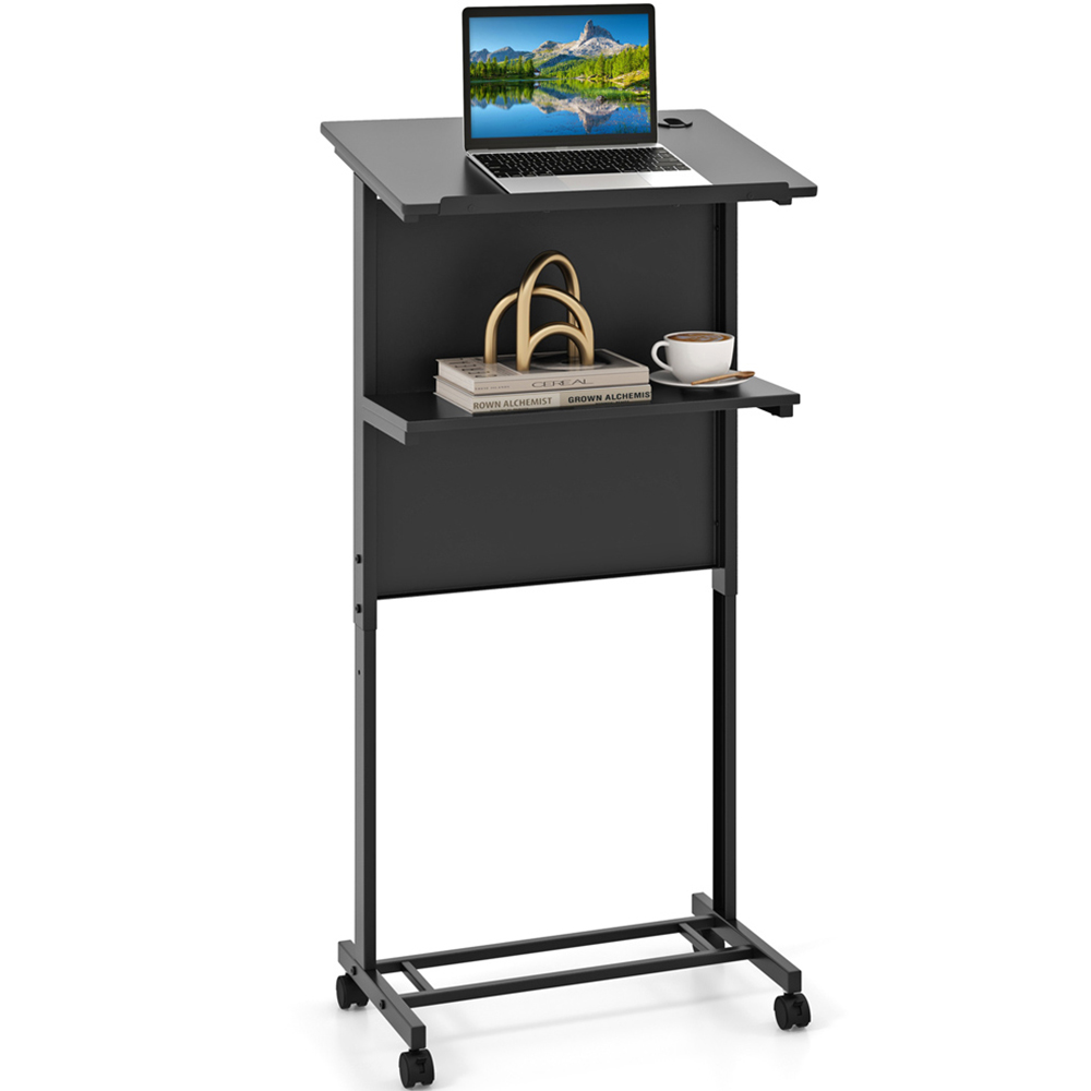 Costway Black Adjustable Rolling Podium Stand with Tilted Tabletop Image 2