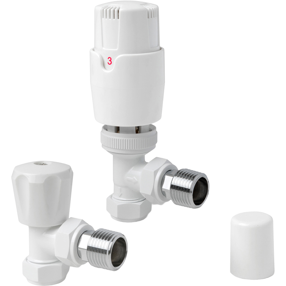 Go Bathrooms White Angled Thermostatic Radiator Valves Set 15mm Image 1