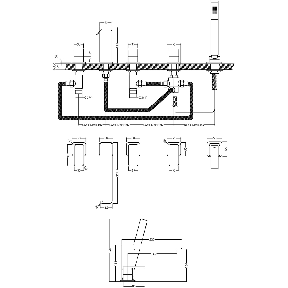 nuie Windon Chrome Deck Mounted 5 Tap Hole Bath Shower Mixer Image 2