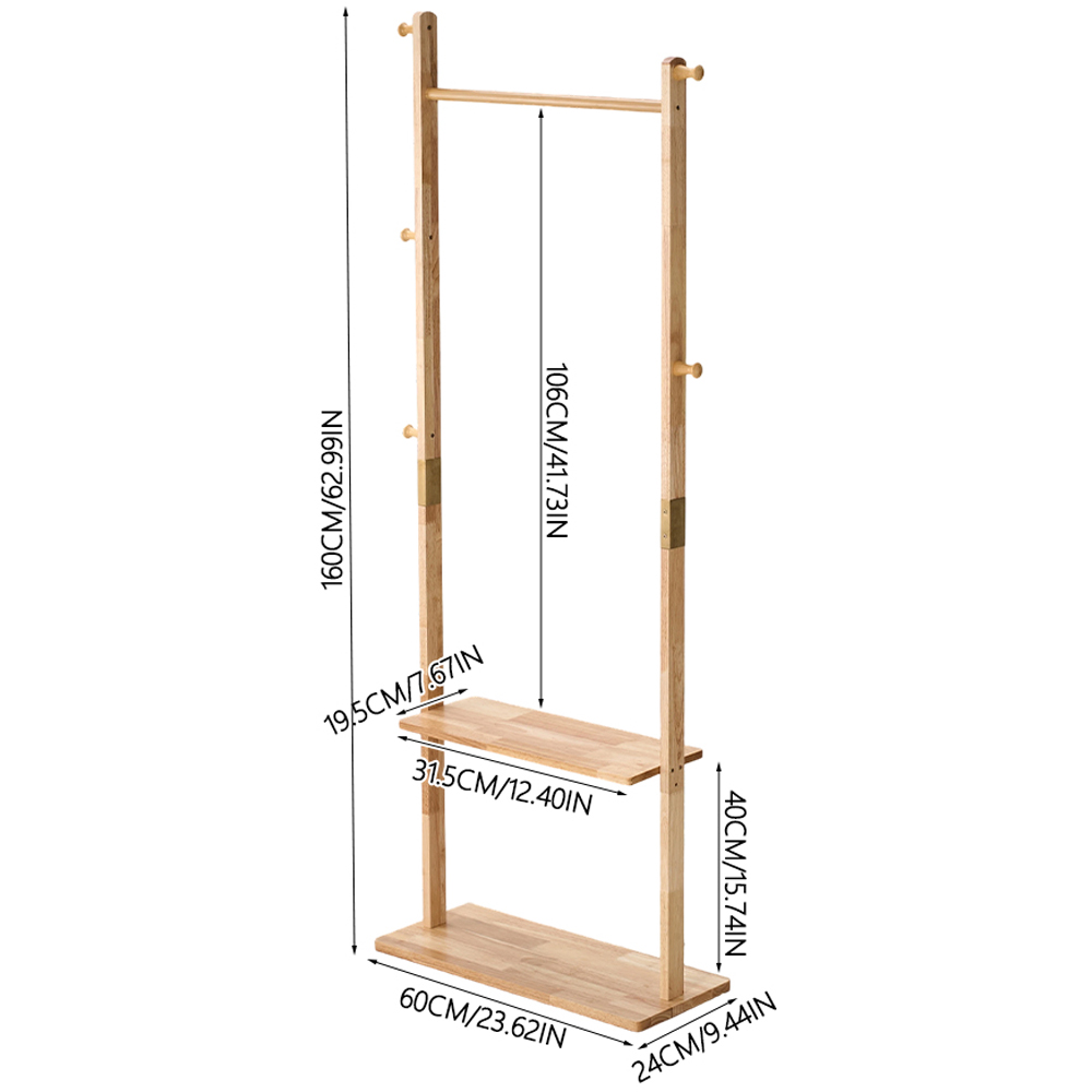 Living and Home Single Shelf Natural Freestanding Clothes Rack with 5 Hooks Image 8