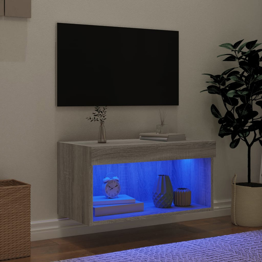 vidaXL Single Shelf Grey Sonoma Wall Mounted TV Cabinet with RGB LED Lights Image 8