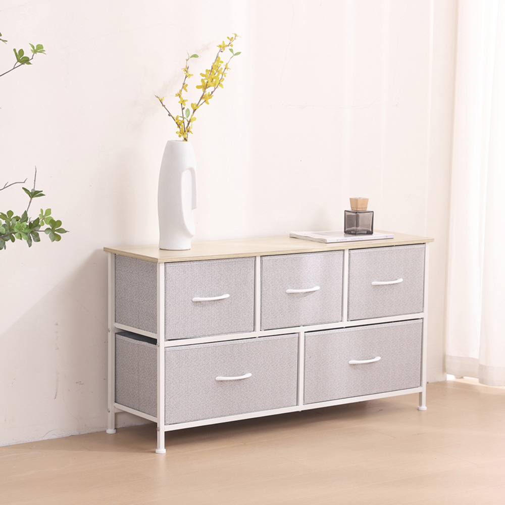 Alivio 5 Drawer White Fabric Chest of Drawers with Steel Frame and Wood Top Image 5