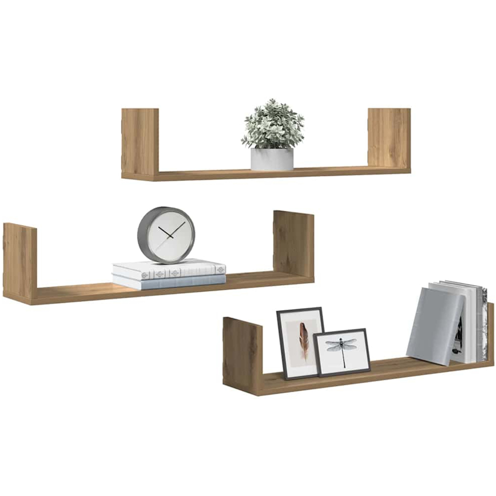vidaXL 80cm Set of 3 Artesian Oak Floating Wall Shelf Image 2