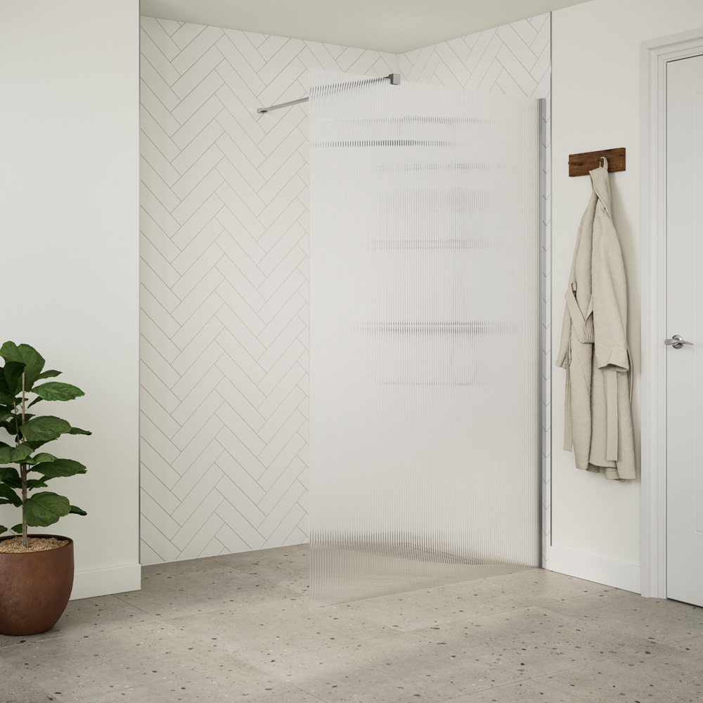 Bathstore Nero Fluted Glass Wetroom Shower Panel with Chrome Profile and Front Arm 800mm Image 2