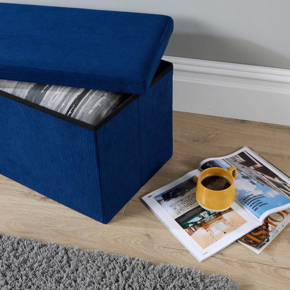Home Source Blue Corduroy Upholstered Folding Ottoman Image 4