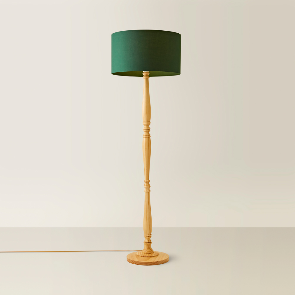 ValueLights Victoria Green Fabric Drum Shade Light Wood Traditional Stem LED Floor Lamp Image 5