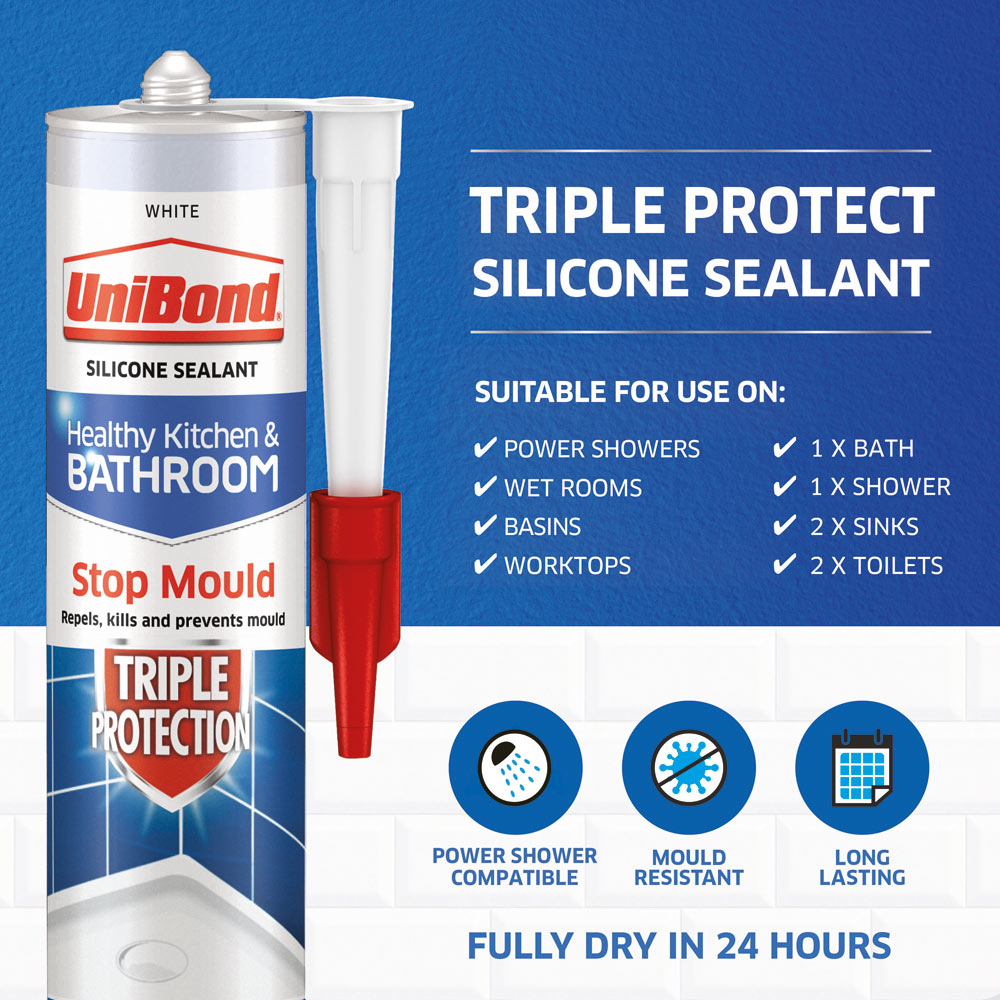 UniBond White Triple Protect Kitchen and Bathroom Sealant Cartridge 291g Image 3
