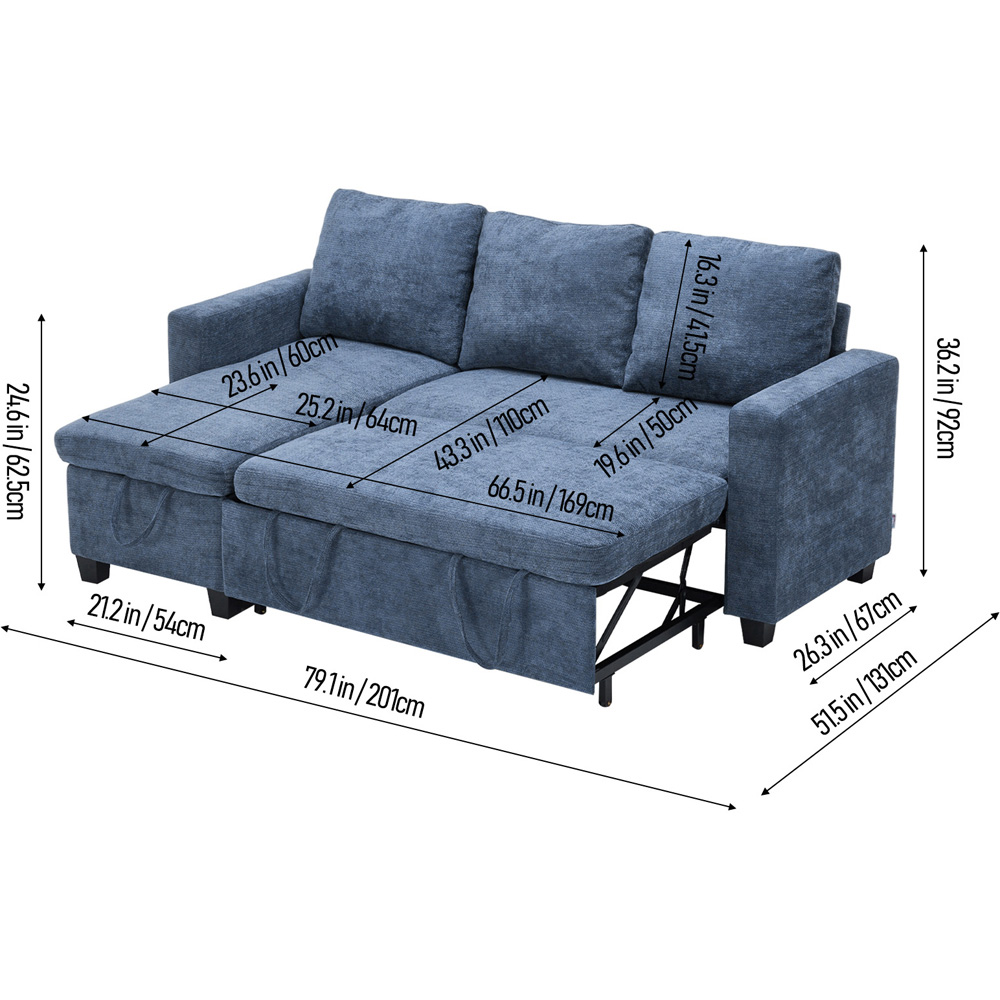 Living and Home 3 Seater Blue Chenille L-Shaped Sofa Bed with Storage Chaise Image 8