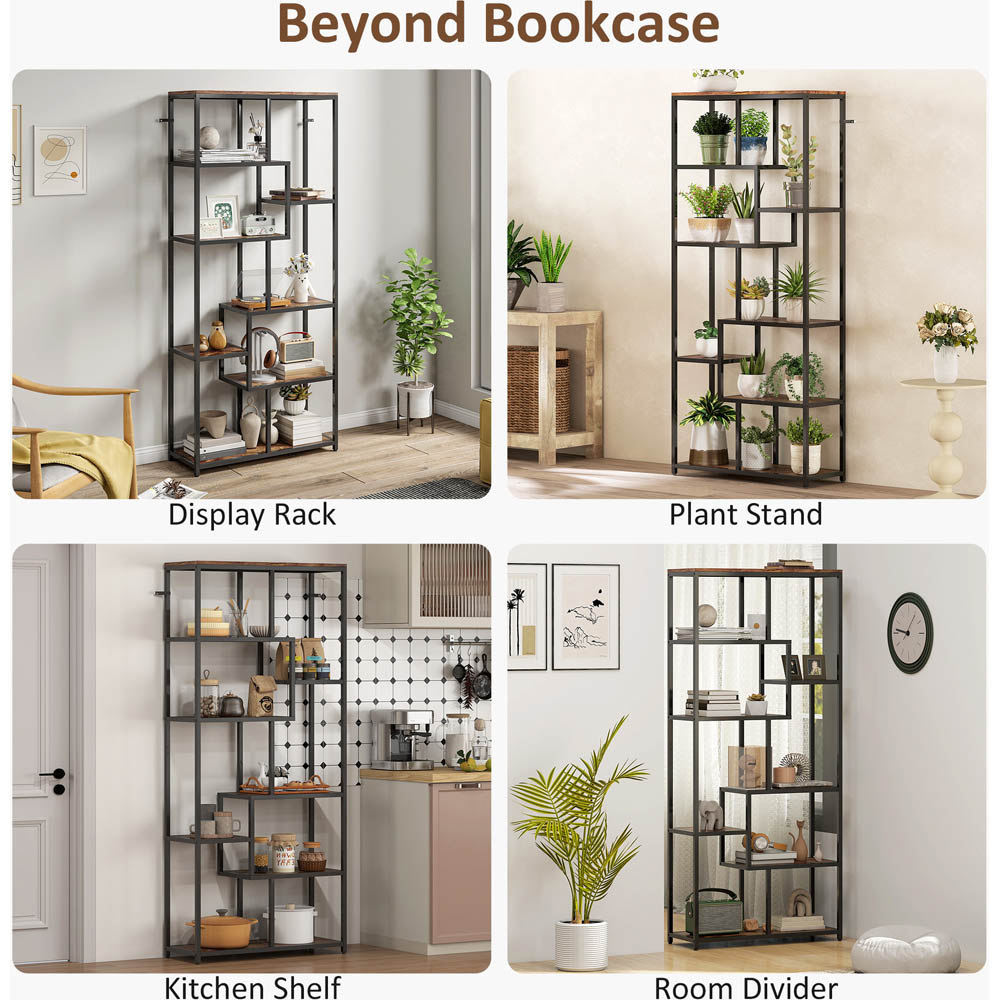 Portland 7 Shelf Rustic Brown and Black Industrial Bookcase Image 6