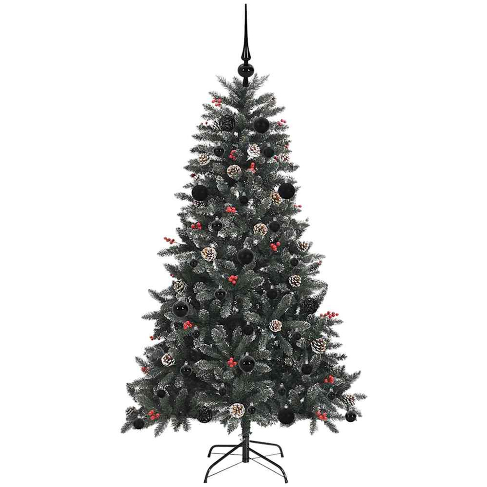 vidaXL Pre-Lit Black Bauble Pinecones Berries Green Snow Flocked Artificial Christmas Tree 5ft Image 2