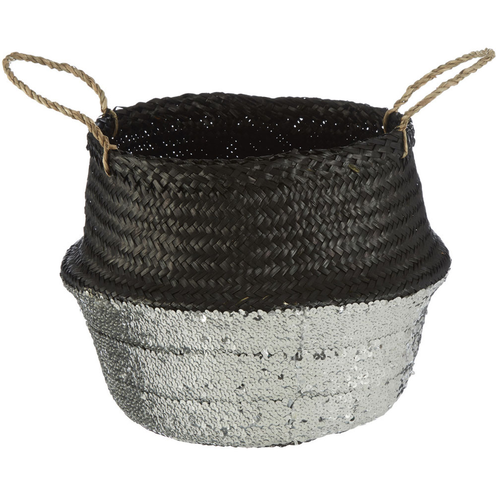 Premier Housewares Black and Silver Sequin Medium Seagrass Basket Image 1