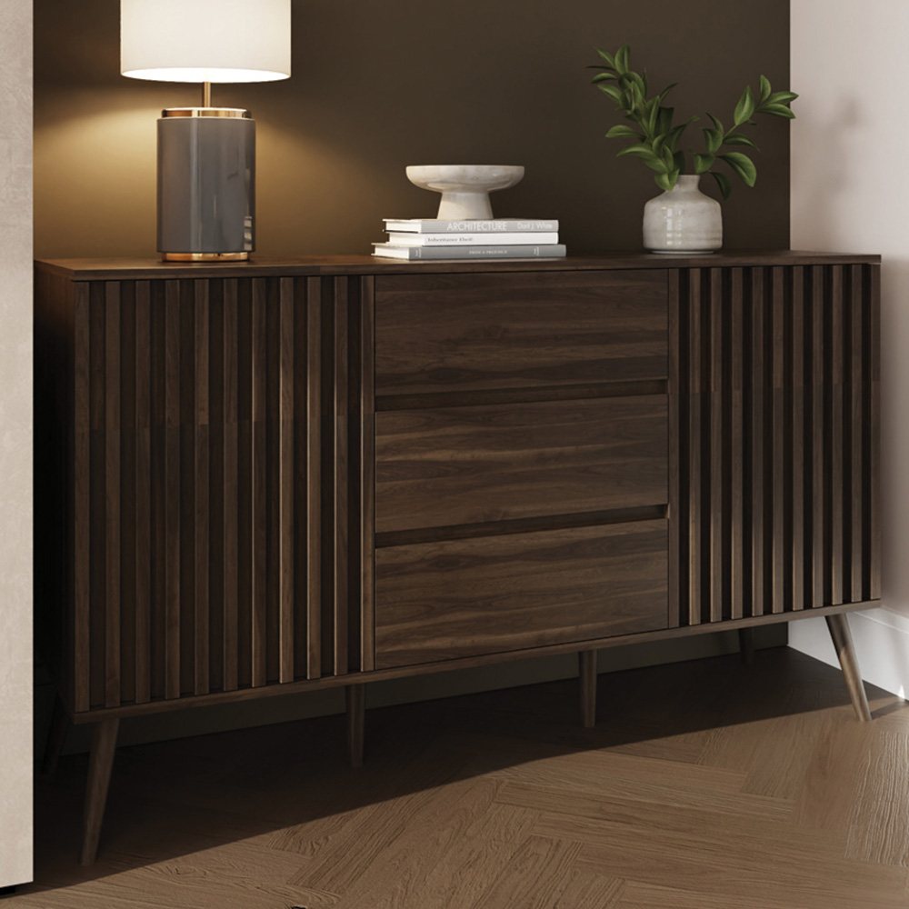 GFW Rowan 2 Door 3 Drawer Walnut Slatted Large Sideboard Image 2