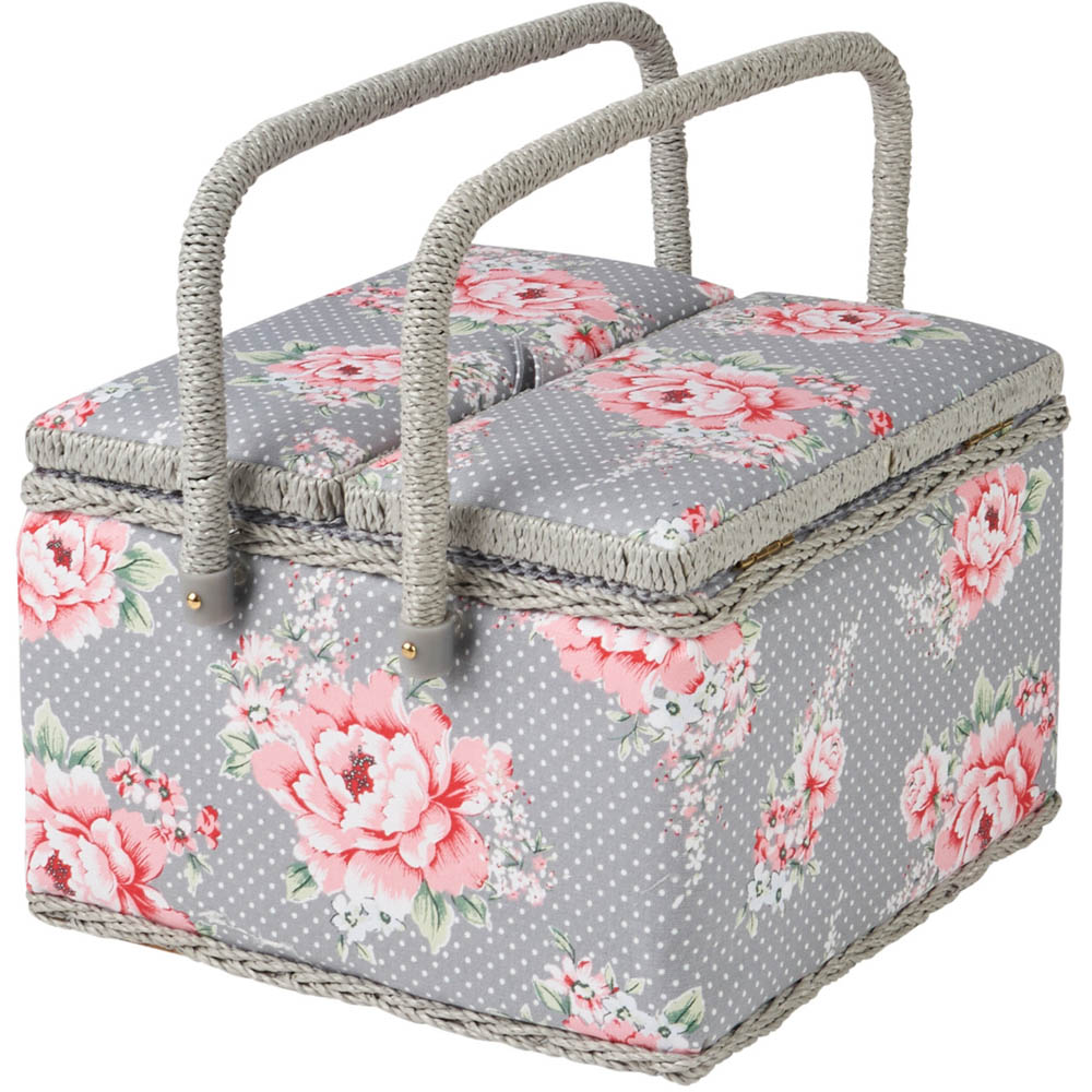 Sewing Online Grey Beautiful Bloom Print Large Twin Lid Sewing Box with Carry Handle Image 3