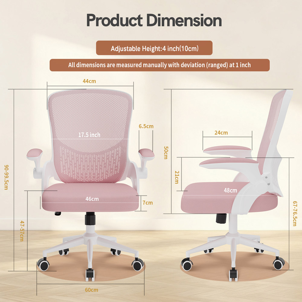 Rattrix Pink Mid-Back Mesh Office Chair with Flip-Up Armrests and Lumbar Support Image 7