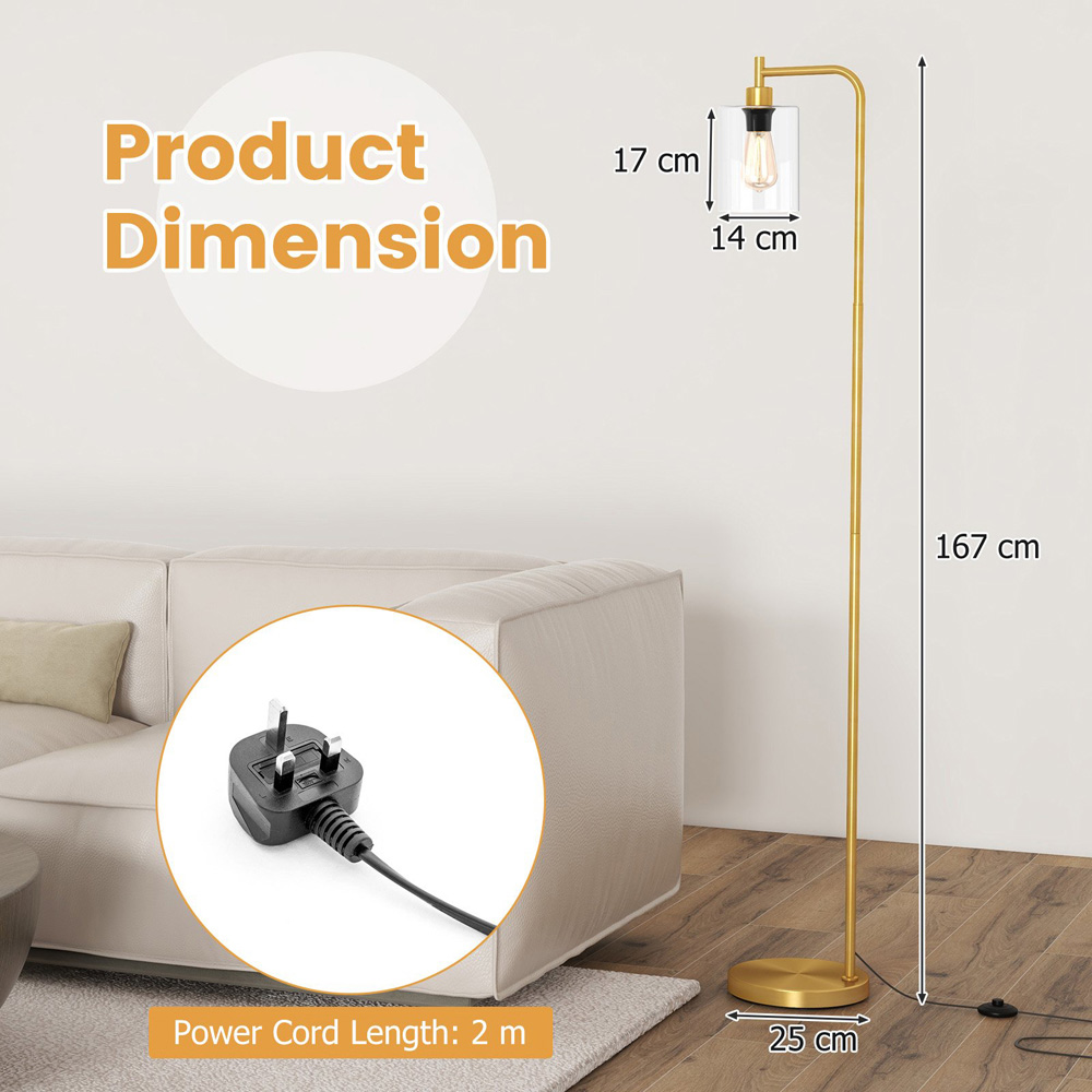 Costway Golden Industrial Floor Lamp with Hanging Glass Lampshade Image 5