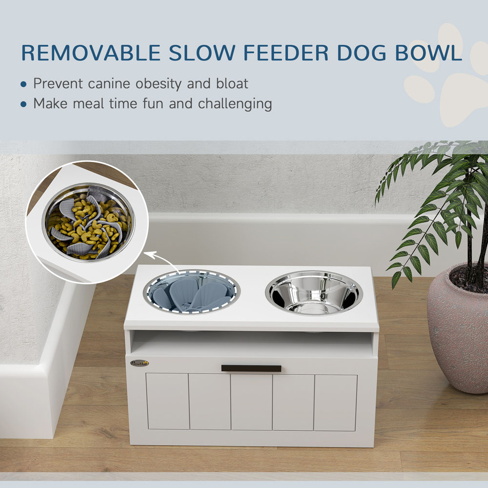 PawHut White Raised Elevated Dog Bowl with Slow Feeder Mat Image 8
