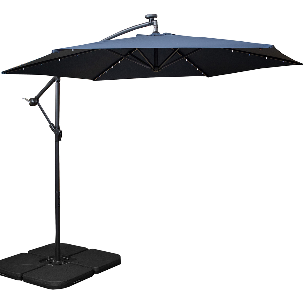 Samuel Alexander Blue Solar LED Crank Banana Hanging Parasol with Base Weights 3m Image 1